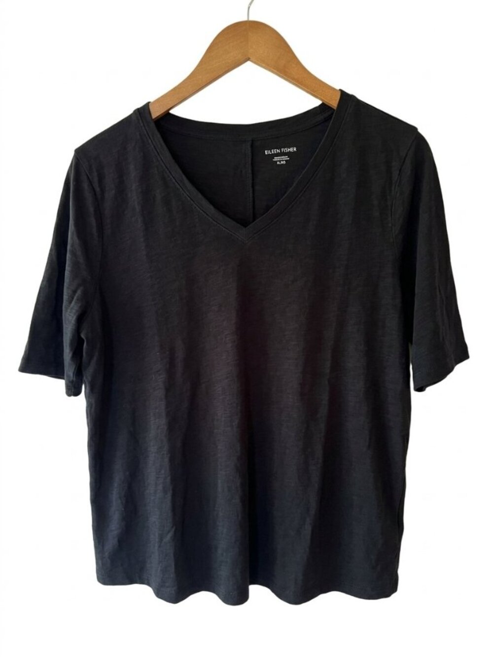 Eileen Fisher Black Organic Cotton Jersey V-Neck Tee, Short Sleeves, Size XL